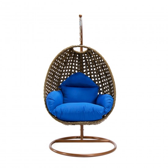 LeisureMod Beige And Blue Wicker Hanging Egg Swing Chair