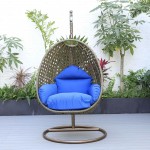 LeisureMod Beige And Blue Wicker Hanging Egg Swing Chair