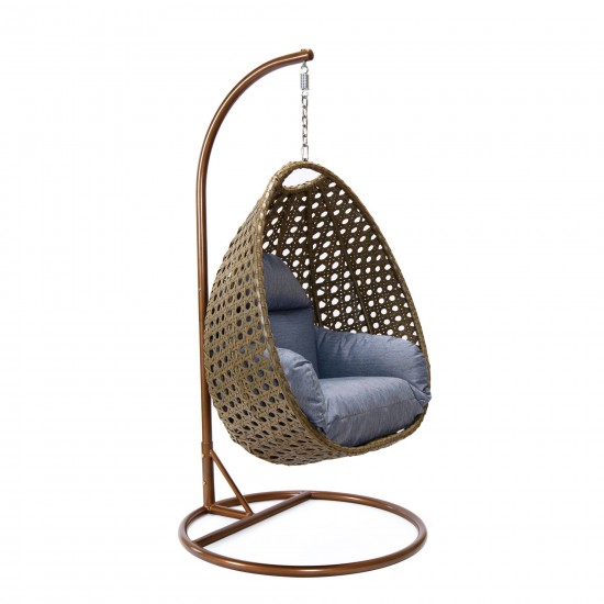LeisureMod Beige And Charcoal Blue Wicker Hanging Egg Swing Chair