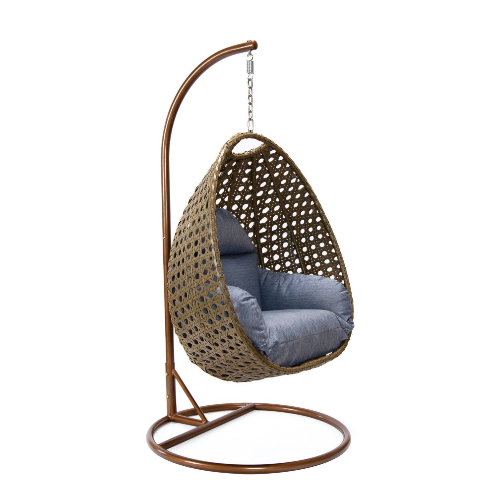 LeisureMod Beige And Charcoal Blue Wicker Hanging Egg Swing Chair