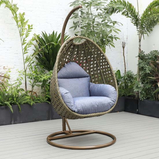LeisureMod Beige And Charcoal Blue Wicker Hanging Egg Swing Chair