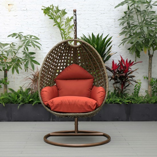 LeisureMod Beige And Cherry Wicker Hanging Egg Swing Chair