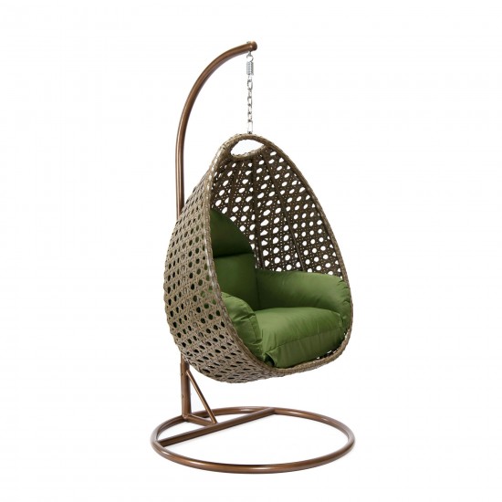 LeisureMod Beige And Dark Green Wicker Hanging Egg Swing Chair