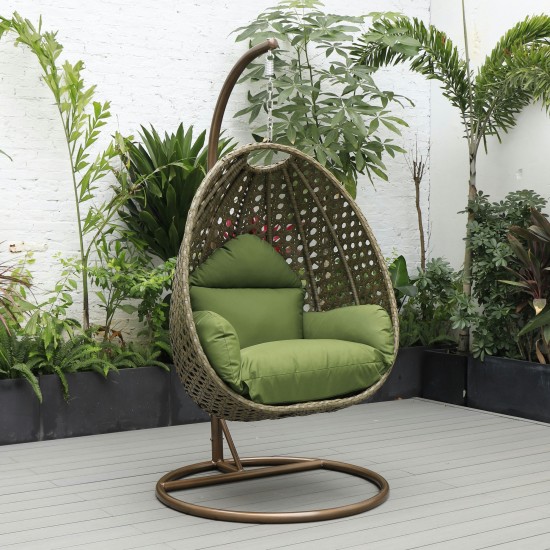 LeisureMod Beige And Dark Green Wicker Hanging Egg Swing Chair