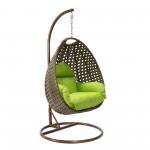 LeisureMod Beige And Light Green Wicker Hanging Egg Swing Chair