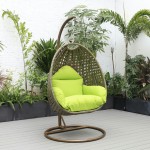 LeisureMod Beige And Light Green Wicker Hanging Egg Swing Chair