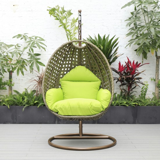 LeisureMod Beige And Light Green Wicker Hanging Egg Swing Chair