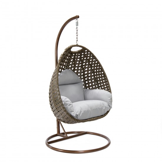 LeisureMod Beige And Light Grey Wicker Hanging Egg Swing Chair