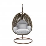 LeisureMod Beige And Light Grey Wicker Hanging Egg Swing Chair