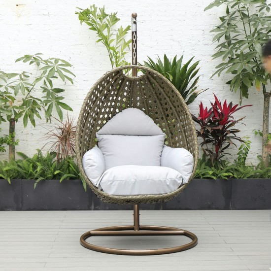 LeisureMod Beige And Light Grey Wicker Hanging Egg Swing Chair