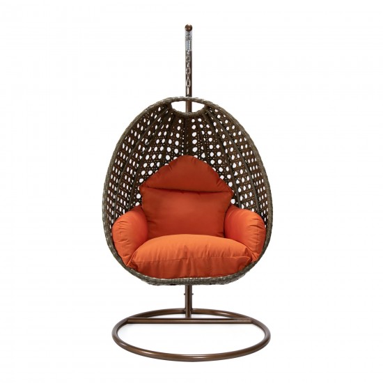 LeisureMod Beige And Orange Wicker Hanging Egg Swing Chair
