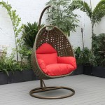 LeisureMod Beige And Red Wicker Hanging Egg Swing Chair