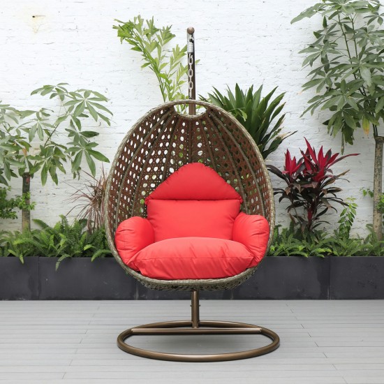 LeisureMod Beige And Red Wicker Hanging Egg Swing Chair