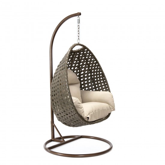 LeisureMod Beige And Taupe Wicker Hanging Egg Swing Chair