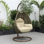 LeisureMod Beige And Taupe Wicker Hanging Egg Swing Chair