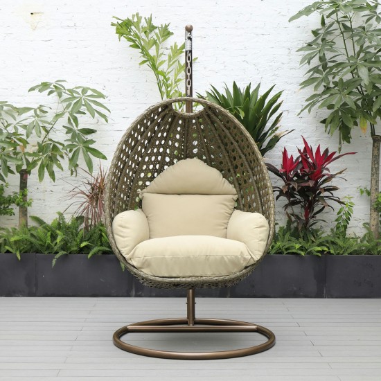 LeisureMod Beige And Taupe Wicker Hanging Egg Swing Chair