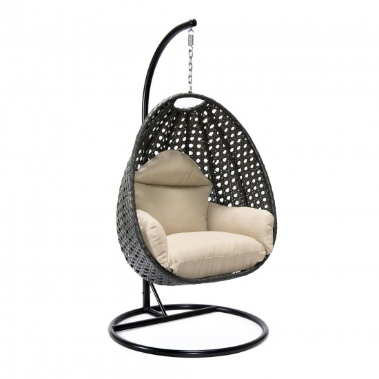 LeisureMod Charcoal And Beige Wicker Hanging Egg Swing Chair