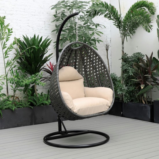LeisureMod Charcoal And Beige Wicker Hanging Egg Swing Chair