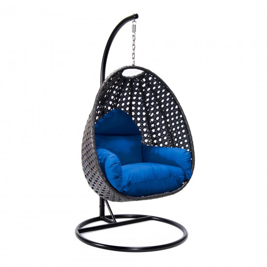 LeisureMod Charcoal And Blue Wicker Hanging Egg Swing Chair