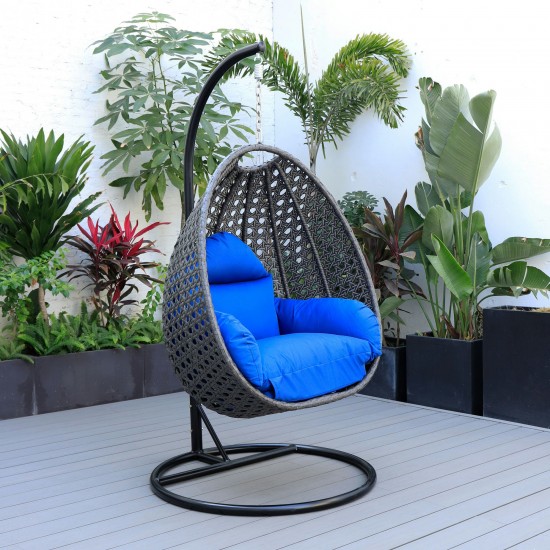 LeisureMod Charcoal And Blue Wicker Hanging Egg Swing Chair