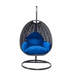 LeisureMod Charcoal And Blue Wicker Hanging Egg Swing Chair