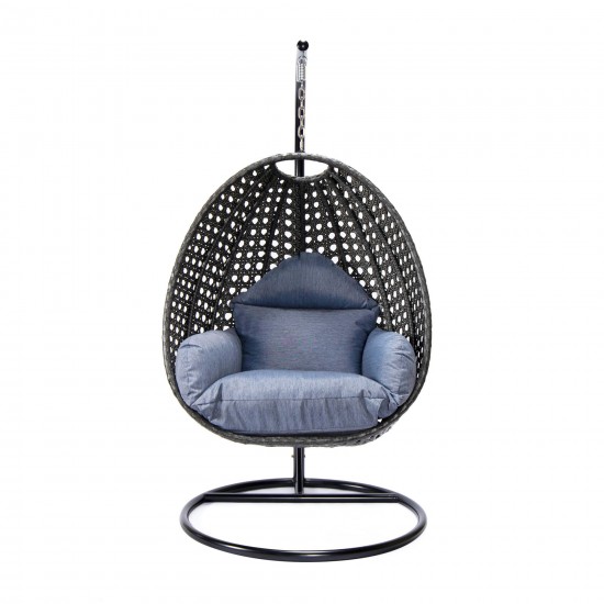 LeisureMod Charcoal And Charcoal Blue Wicker Hanging Egg Swing Chair