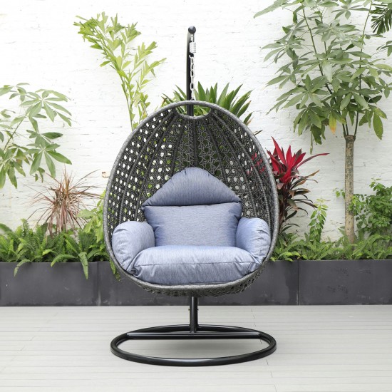 LeisureMod Charcoal And Charcoal Blue Wicker Hanging Egg Swing Chair