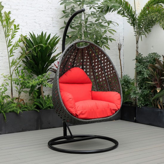 LeisureMod Charcoal And Red Wicker Hanging Egg Swing Chair