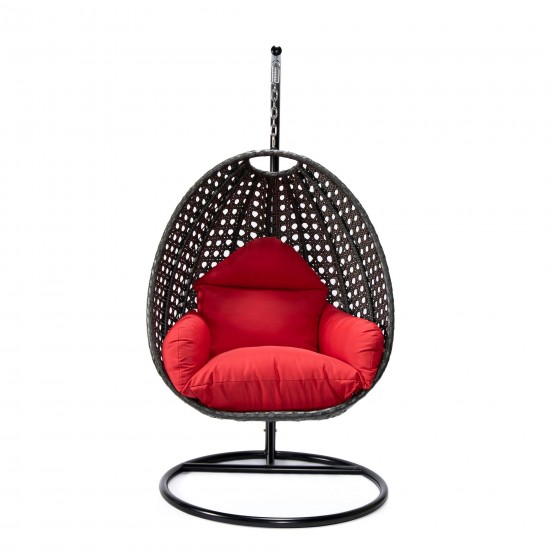 LeisureMod Charcoal And Red Wicker Hanging Egg Swing Chair