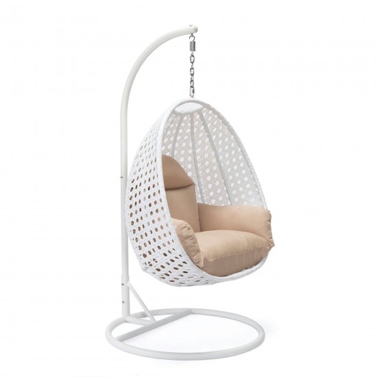 LeisureMod White And Beige Wicker Hanging Egg Swing Chair