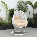 LeisureMod White And Beige Wicker Hanging Egg Swing Chair