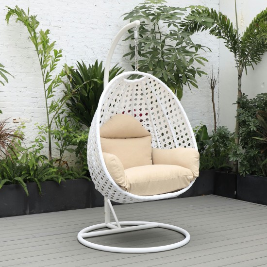 LeisureMod White And Beige Wicker Hanging Egg Swing Chair