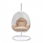 LeisureMod White And Beige Wicker Hanging Egg Swing Chair