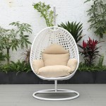 LeisureMod White And Beige Wicker Hanging Egg Swing Chair