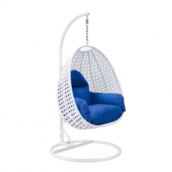 LeisureMod White And Blue Wicker Hanging Egg Swing Chair
