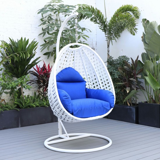 LeisureMod White And Blue Wicker Hanging Egg Swing Chair