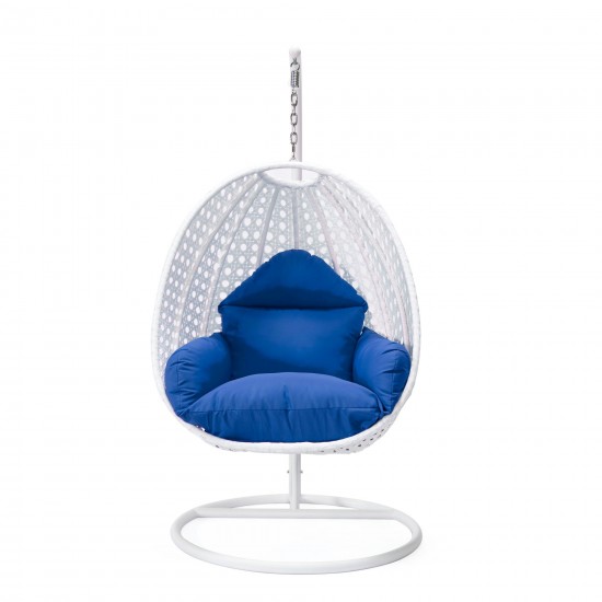 LeisureMod White And Blue Wicker Hanging Egg Swing Chair