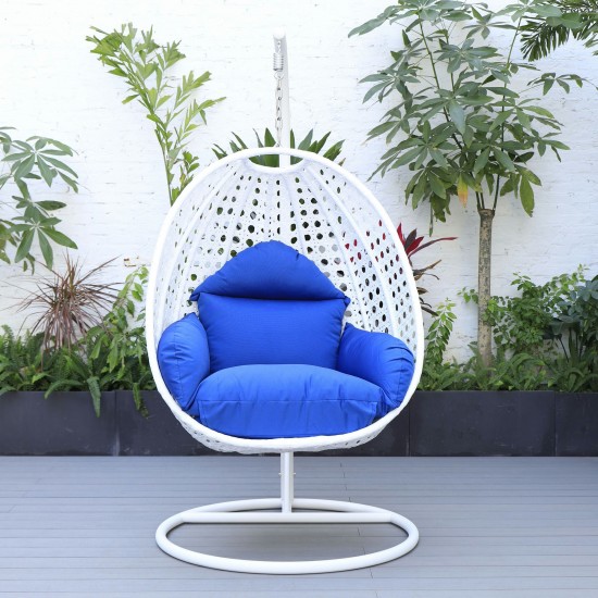 LeisureMod White And Blue Wicker Hanging Egg Swing Chair