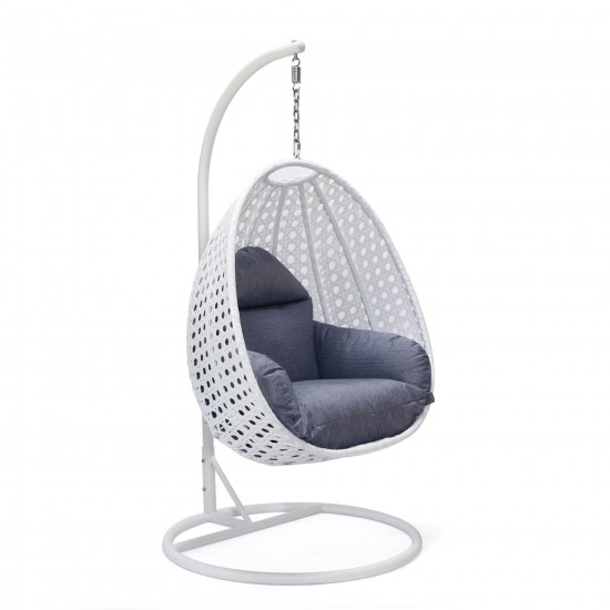 LeisureMod White And Charcoal Blue Wicker Hanging Egg Swing Chair