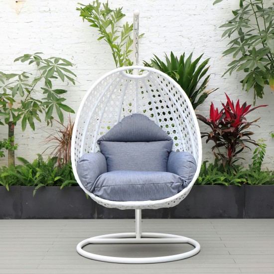 LeisureMod White And Charcoal Blue Wicker Hanging Egg Swing Chair
