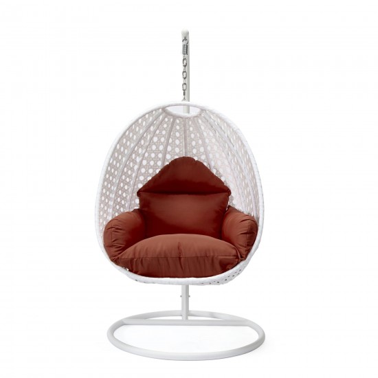 LeisureMod White And Cherry Wicker Hanging Egg Swing Chair
