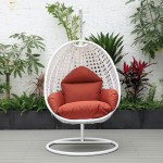 LeisureMod White And Cherry Wicker Hanging Egg Swing Chair