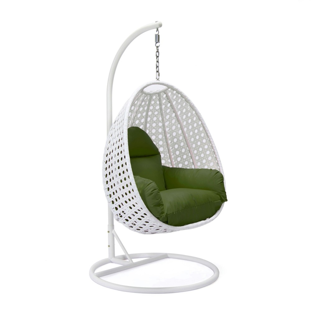 LeisureMod White And Dark Green Wicker Hanging Egg Swing Chair