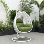 LeisureMod White And Dark Green Wicker Hanging Egg Swing Chair