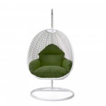 LeisureMod White And Dark Green Wicker Hanging Egg Swing Chair