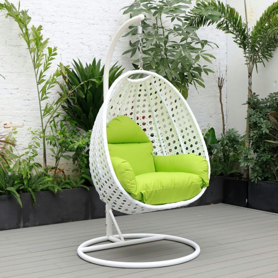 LeisureMod White And Light Green Wicker Hanging Egg Swing Chair