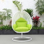 LeisureMod White And Light Green Wicker Hanging Egg Swing Chair