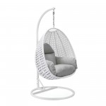 LeisureMod White And Light Grey Wicker Hanging Egg Swing Chair