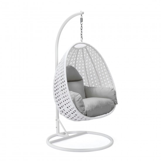 LeisureMod White And Light Grey Wicker Hanging Egg Swing Chair