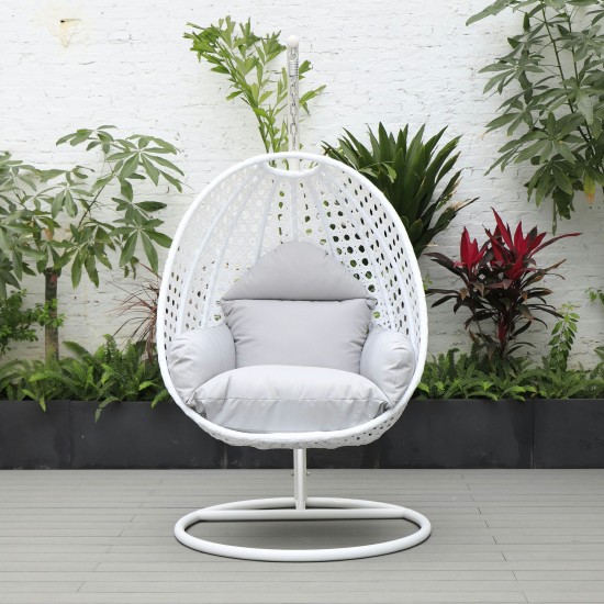 LeisureMod White And Light Grey Wicker Hanging Egg Swing Chair